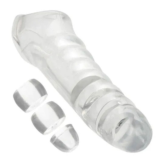 Extenseur de pénis transparent réglable MAXX Calexotics tête ultra-douce 9,5 cm et butées ajustables.