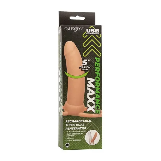 Thick double penetrator Calexotics Maxx Thick flesh tone with 10 vibration modes and scrotal ring
