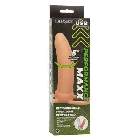 Thick double penetrator Calexotics Maxx Thick flesh tone with 10 vibration modes and scrotal ring