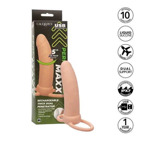 Doppelpenetrator dick Calexotics Maxx Thick in Hautfarbe mit 10 Vibrationsmodi und Hodensackring