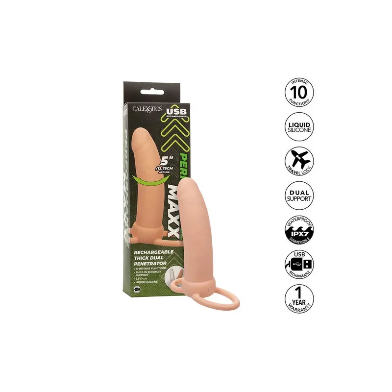 Doppio penetratore spesso Calexotics Maxx Thick colore pelle con 10 modalità di vibrazione e anello scrotale