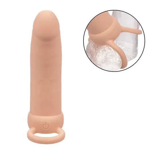 Doppio penetratore spesso Calexotics Maxx Thick colore pelle con 10 modalità di vibrazione e anello scrotale