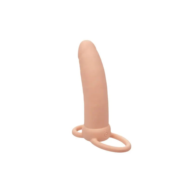 Doppelpenetrator dick Calexotics Maxx Thick in Hautfarbe mit 10 Vibrationsmodi und Hodensackring