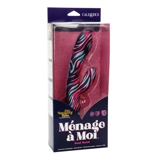 Vibrateur double baguette CalExotics Naughty Bits Ménage à Moi en silicone noir, stimulation double simultanée clitoridienne et 
