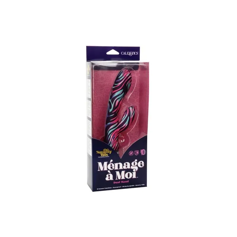 Vibrateur double baguette CalExotics Naughty Bits Ménage à Moi en silicone noir, stimulation double simultanée clitoridienne et 
