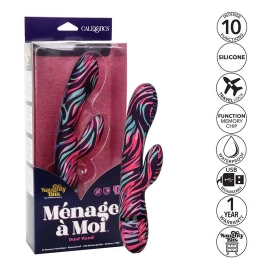 Vibrateur double baguette CalExotics Naughty Bits Ménage à Moi en silicone noir, stimulation double simultanée clitoridienne et 
