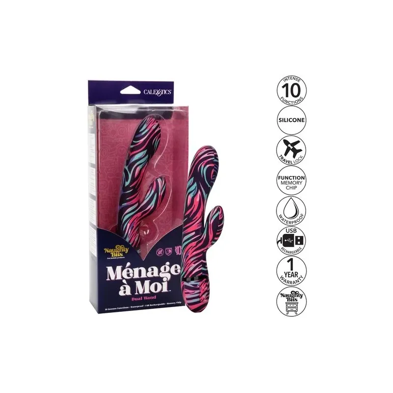 Vibrateur double baguette CalExotics Naughty Bits Ménage à Moi en silicone noir, stimulation double simultanée clitoridienne et 