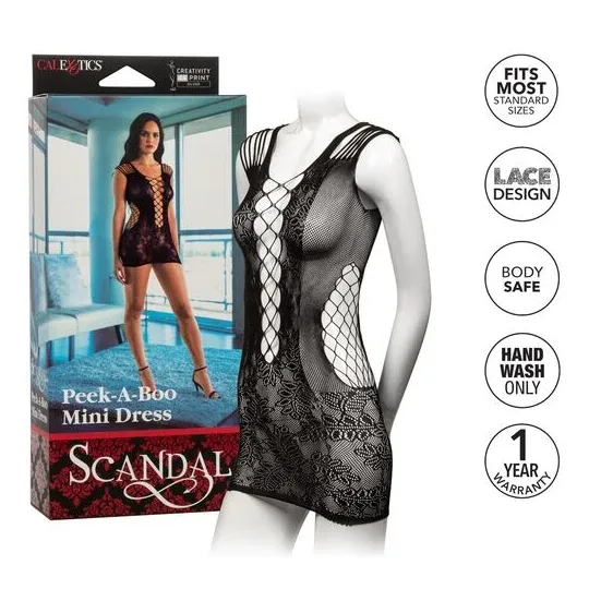 Mini-robe en maille transparente noire de la marque CALEXOTICS, modèle Peek-A-Boo, taille unique, vue de face