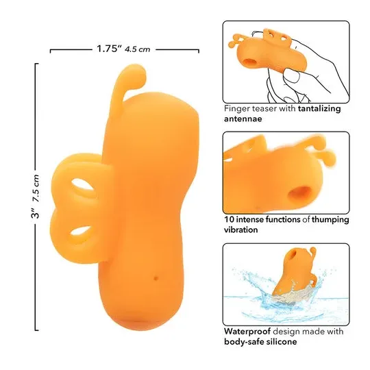 Estimulador de dedos Calexotics Buzzing Vibe naranja con 10 modos de vibración y antenas curvas de silicona.