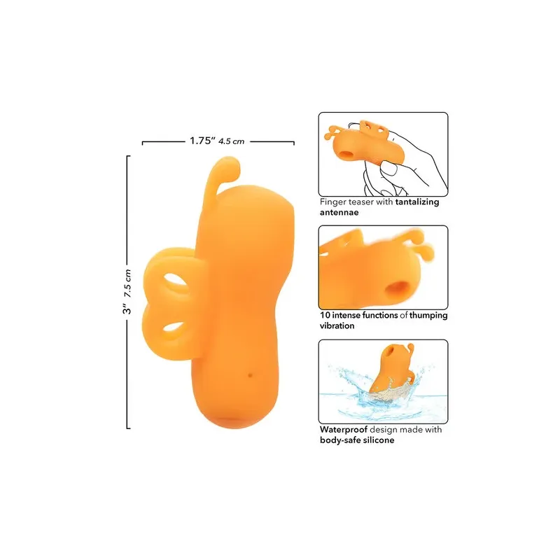 Calexotics Buzzing Vibe orange finger vibrator with 10 vibration modes and curved silicone antennae.