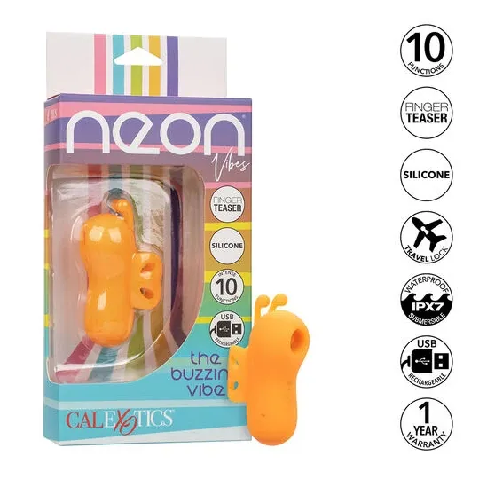 Estimulador de dedos Calexotics Buzzing Vibe naranja con 10 modos de vibración y antenas curvas de silicona.