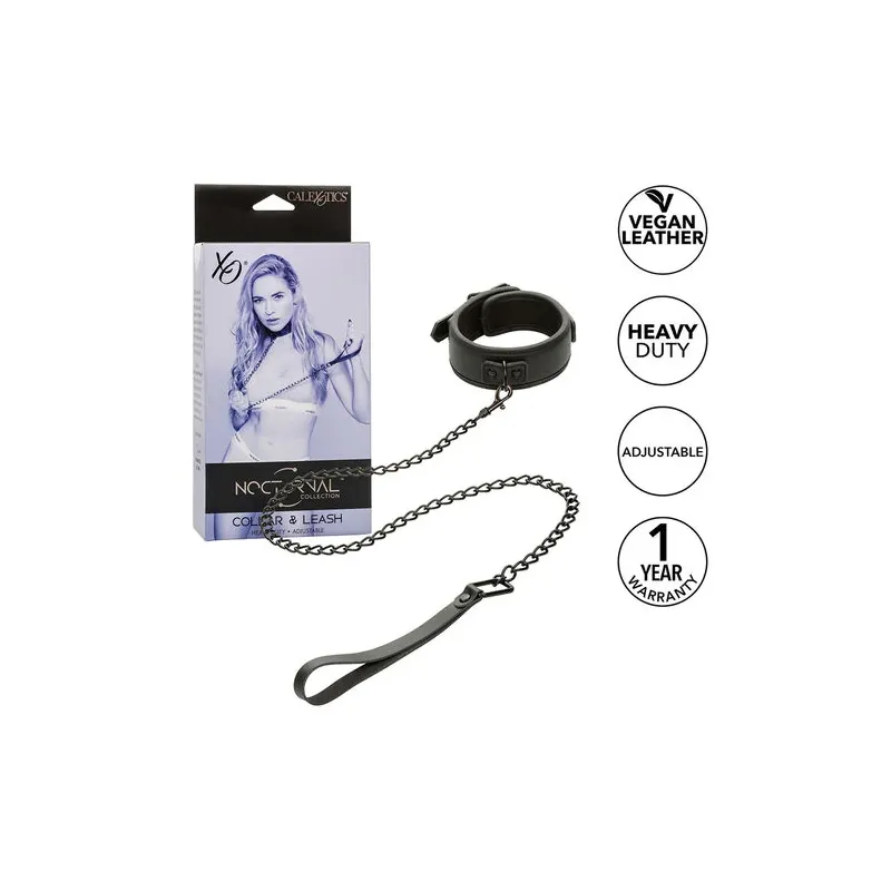 Ensemble collier et laisse en cuir noir réglable Calexotics avec boucle métallique