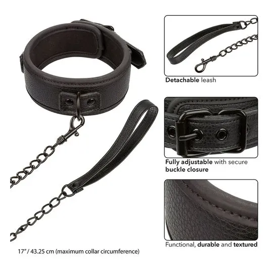 Ensemble collier et laisse en cuir noir réglable Calexotics avec boucle métallique