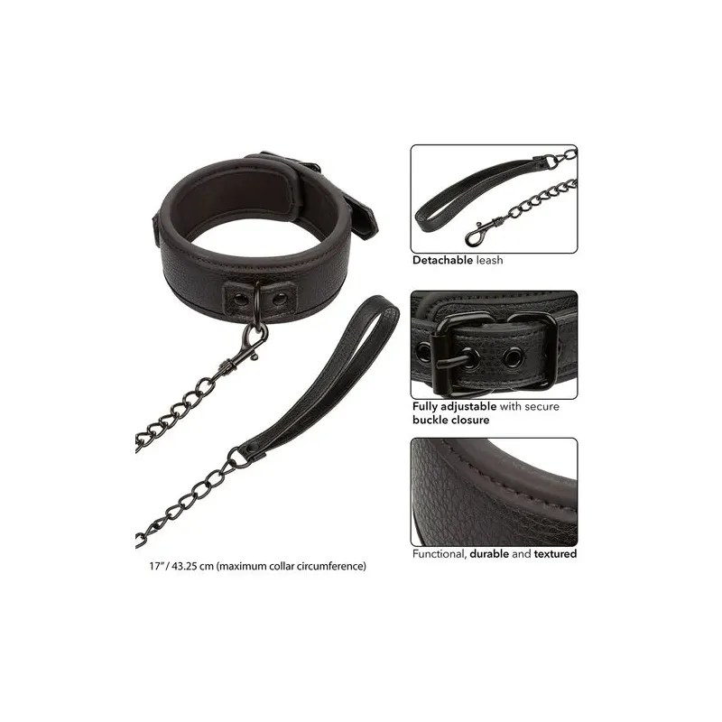 Ensemble collier et laisse en cuir noir réglable Calexotics avec boucle métallique