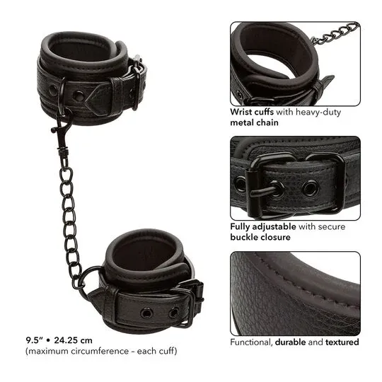 Poignets en cuir réglables noirs CALEXOTICS, accessoire BDSM ajustable avec boucle sécurisée.