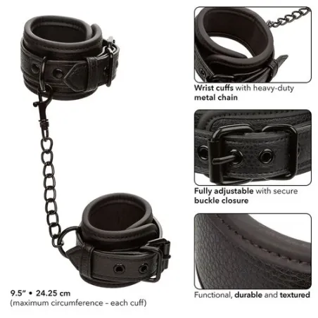 Poignets en cuir réglables noirs CALEXOTICS, accessoire BDSM ajustable avec boucle sécurisée.