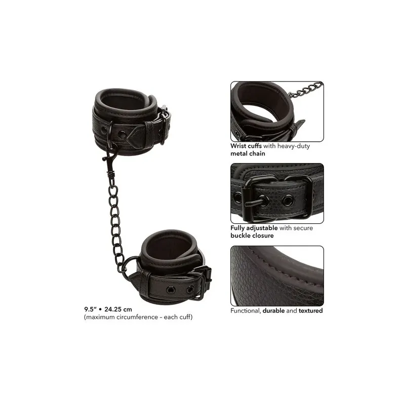 Poignets en cuir réglables noirs CALEXOTICS, accessoire BDSM ajustable avec boucle sécurisée.