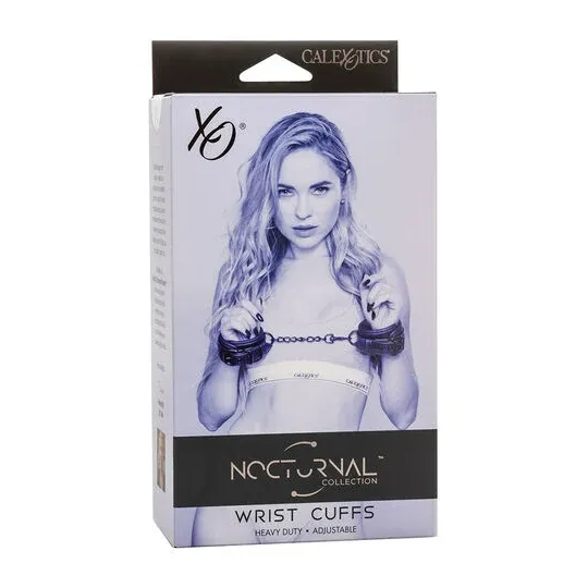 Poignets en cuir réglables noirs CALEXOTICS, accessoire BDSM ajustable avec boucle sécurisée.