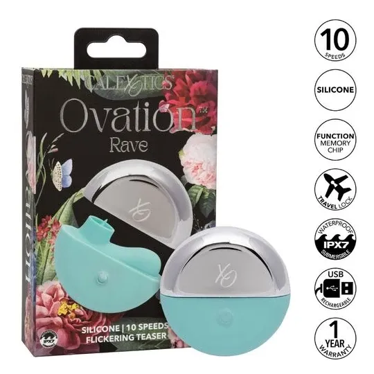 Estimulador vibrante ergonómico CalExotics Ovation Rave verde aguamarina, curvas suaves de silicona para estimulación dirigida.