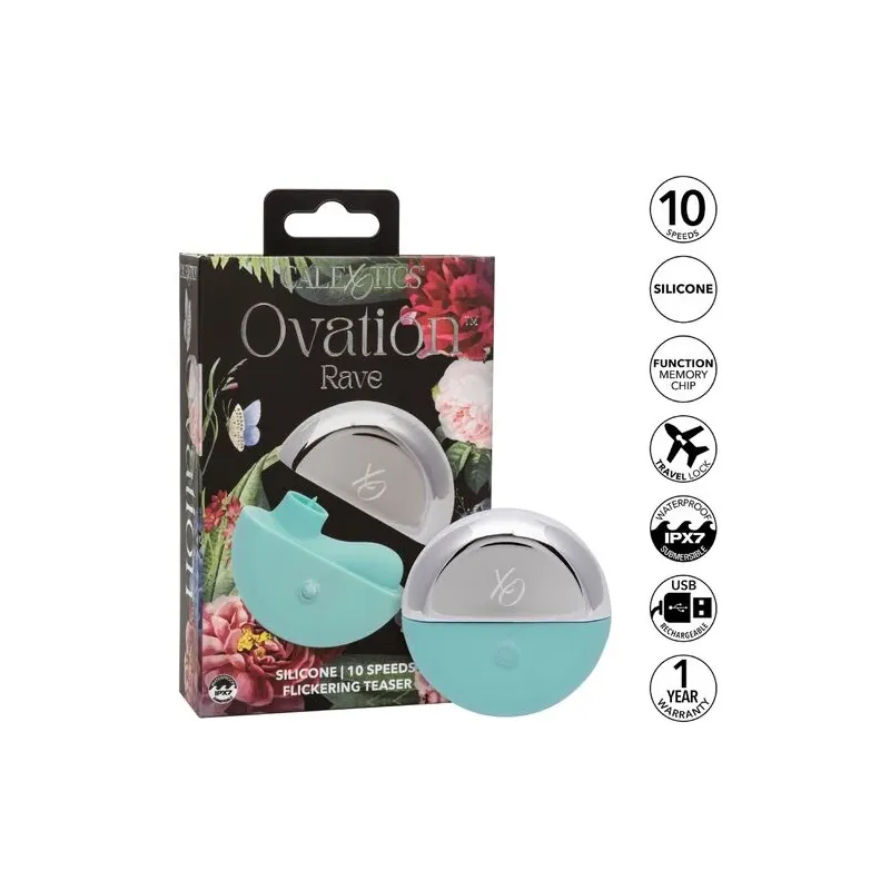 Estimulador vibrante ergonómico CalExotics Ovation Rave verde aguamarina, curvas suaves de silicona para estimulación dirigida.