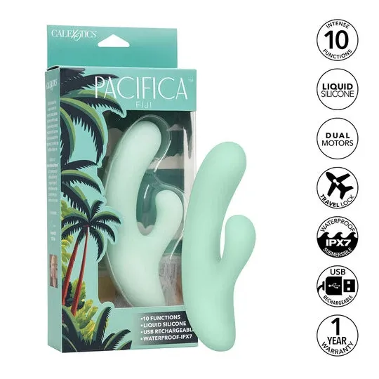 Vibrador y estimulador punto G CalExotics Pacifica Fiji en aguamarina, silicona transparente, doble motor, 10 vibraciones, imper