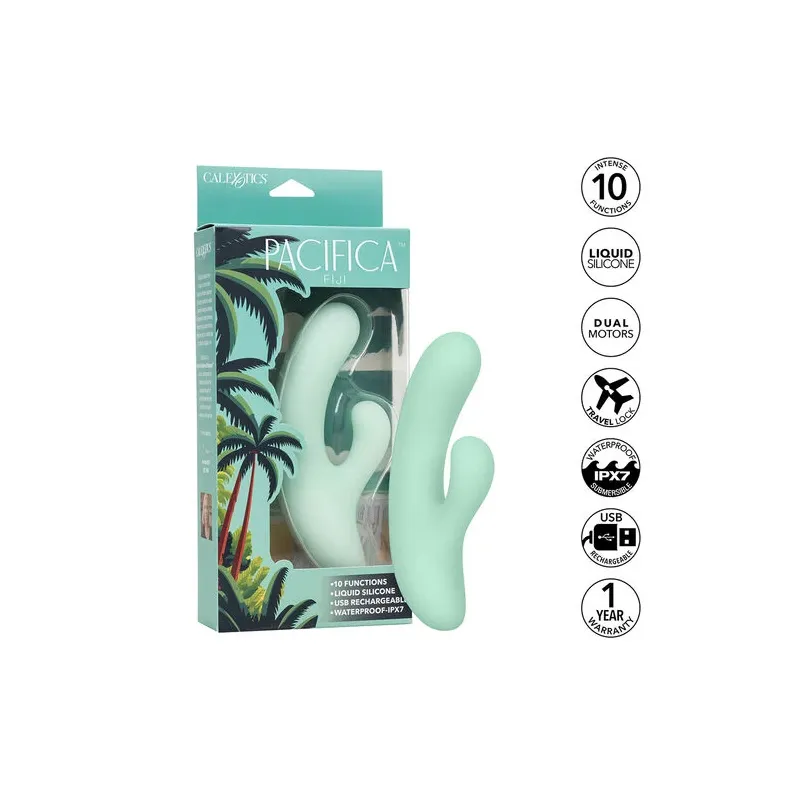 Vibrador y estimulador punto G CalExotics Pacifica Fiji en aguamarina, silicona transparente, doble motor, 10 vibraciones, imper