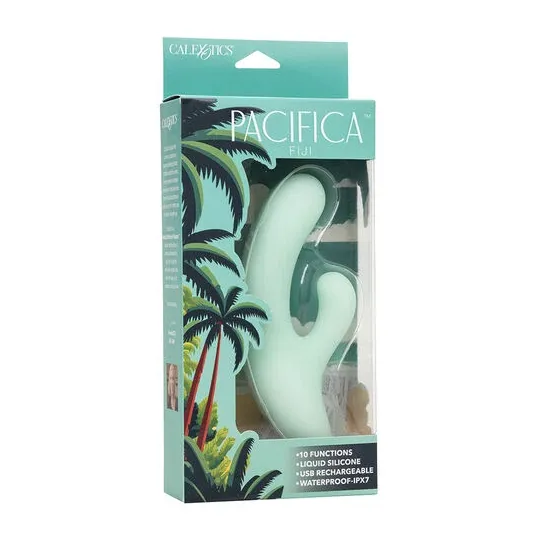 Vibrador y estimulador punto G CalExotics Pacifica Fiji en aguamarina, silicona transparente, doble motor, 10 vibraciones, imper