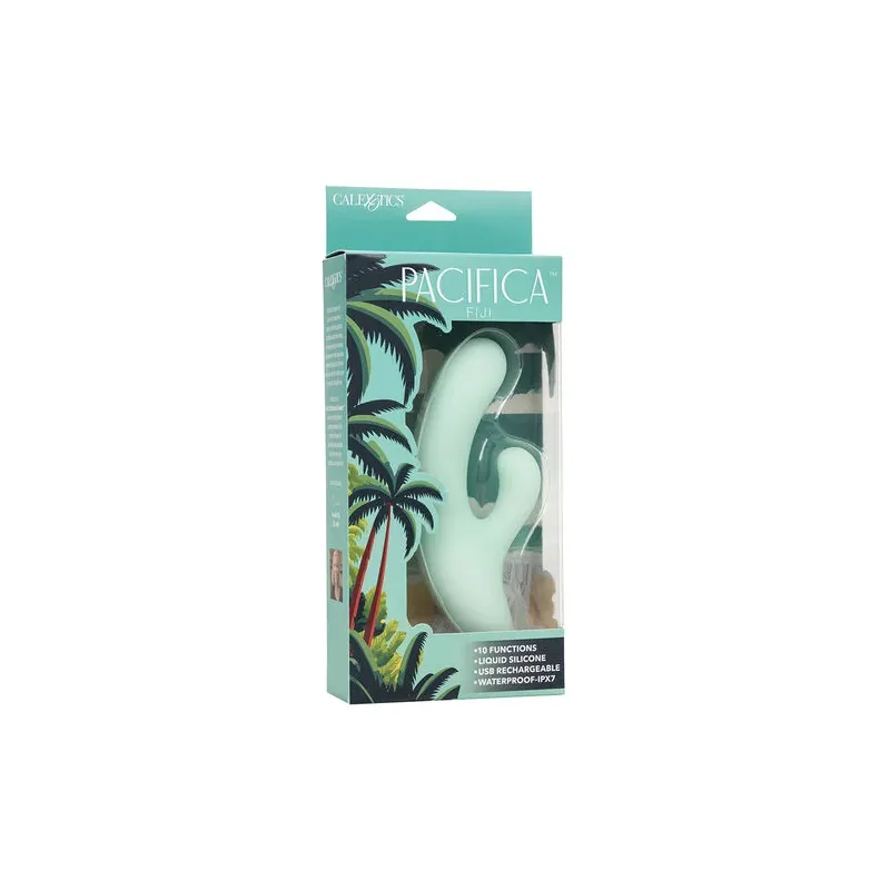 Vibrador y estimulador punto G CalExotics Pacifica Fiji en aguamarina, silicona transparente, doble motor, 10 vibraciones, imper