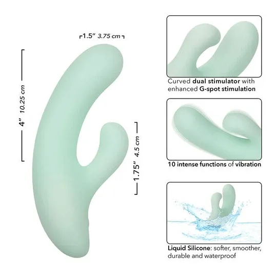 Vibrador y estimulador punto G CalExotics Pacifica Fiji en aguamarina, silicona transparente, doble motor, 10 vibraciones, imper