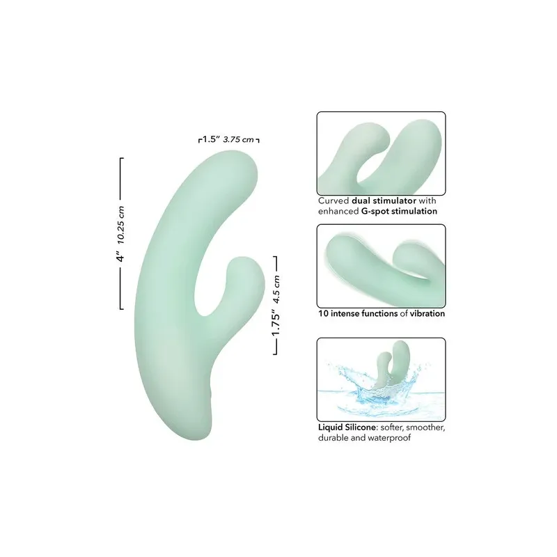 Vibrador y estimulador punto G CalExotics Pacifica Fiji en aguamarina, silicona transparente, doble motor, 10 vibraciones, imper