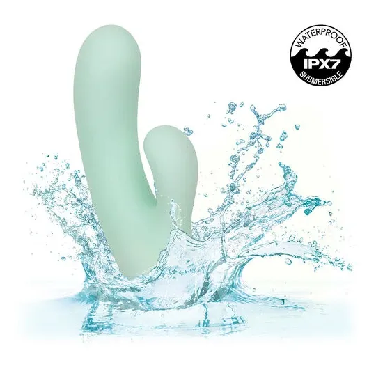 Vibrador y estimulador punto G CalExotics Pacifica Fiji en aguamarina, silicona transparente, doble motor, 10 vibraciones, imper