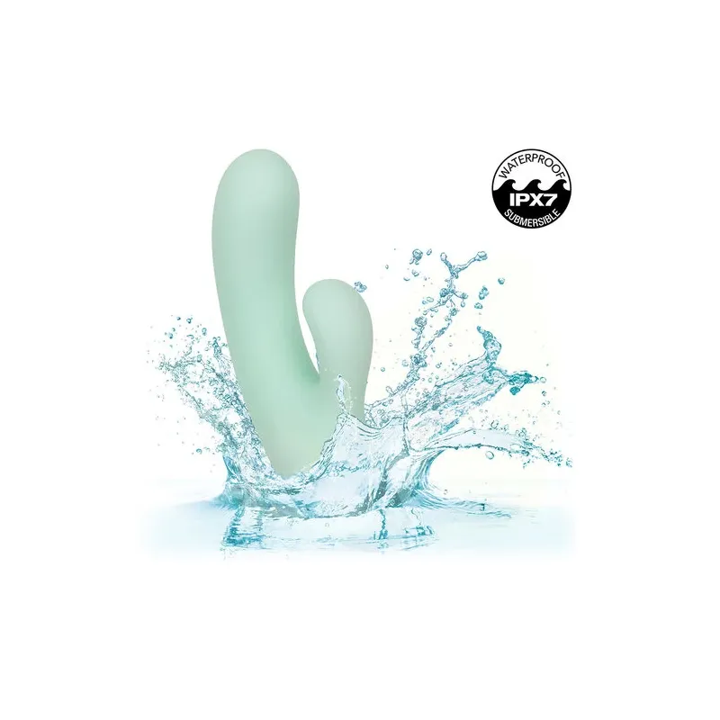 Vibrador y estimulador punto G CalExotics Pacifica Fiji en aguamarina, silicona transparente, doble motor, 10 vibraciones, imper