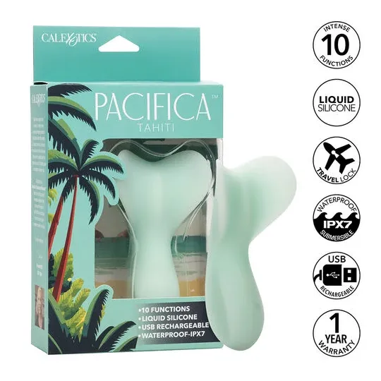 Vibratore impermeabile CALEXOTICS Pacifica Tahiti Teaser, 10 funzioni, silicone trasparente, vista d'insieme.