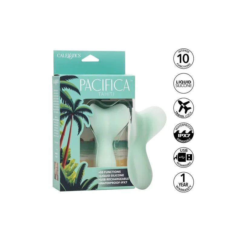 Vibratore impermeabile CALEXOTICS Pacifica Tahiti Teaser, 10 funzioni, silicone trasparente, vista d'insieme.