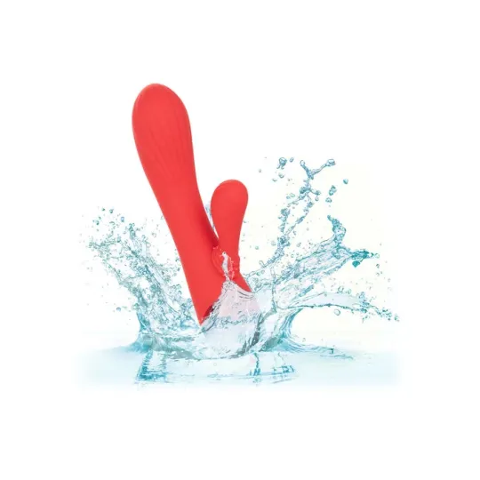 Vibrador conejo caliente Calexotics Palisades Passion Rouge vista frontal, eje perfilado de silicona roja." }, { "image": 2, "fr