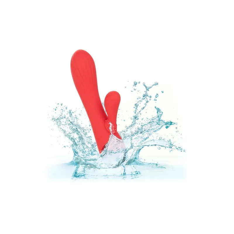 Vibrador conejo caliente Calexotics Palisades Passion Rouge vista frontal, eje perfilado de silicona roja." }, { "image": 2, "fr