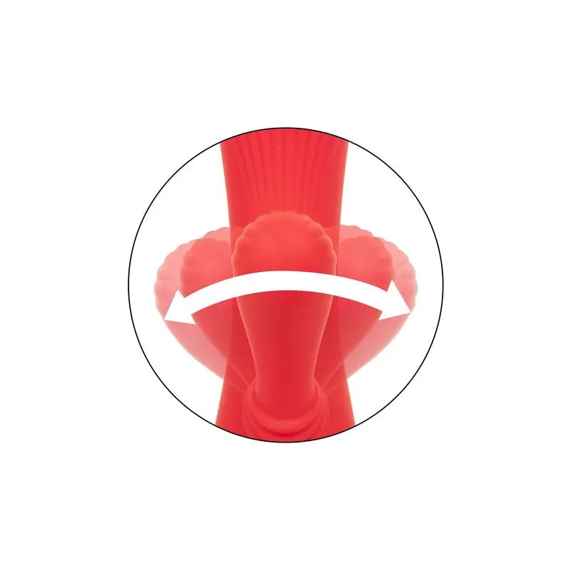 Vibrador conejo caliente Calexotics Palisades Passion Rouge vista frontal, eje perfilado de silicona roja." }, { "image": 2, "fr