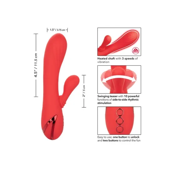 Vibrador conejo caliente Calexotics Palisades Passion Rouge vista frontal, eje perfilado de silicona roja." }, { "image": 2, "fr