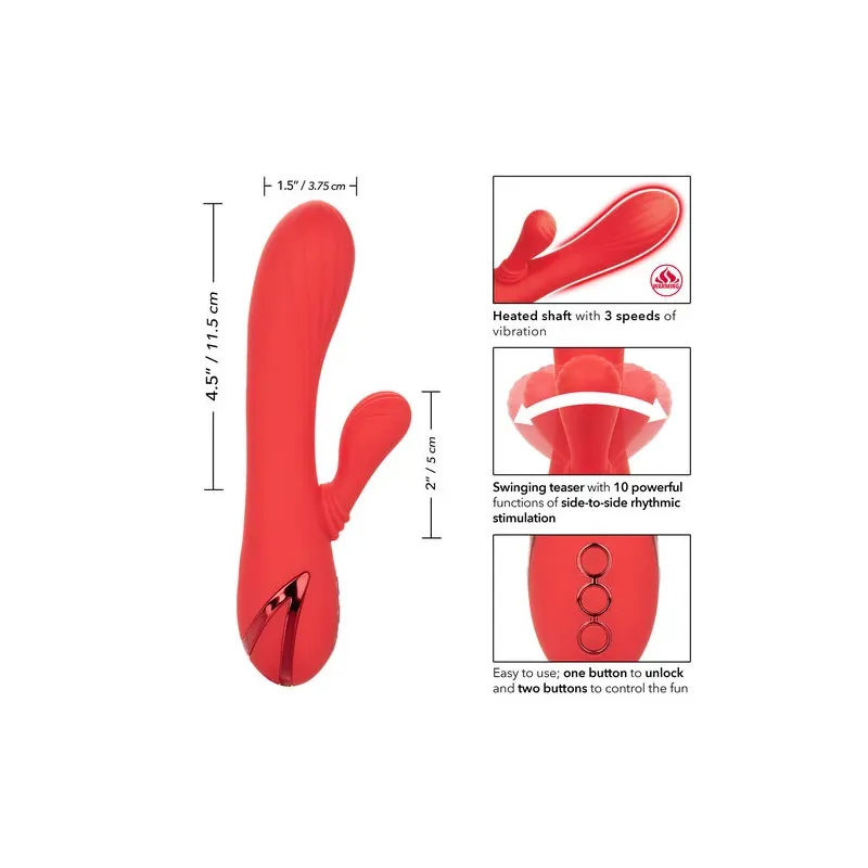 Vibrador conejo caliente Calexotics Palisades Passion Rouge vista frontal, eje perfilado de silicona roja." }, { "image": 2, "fr