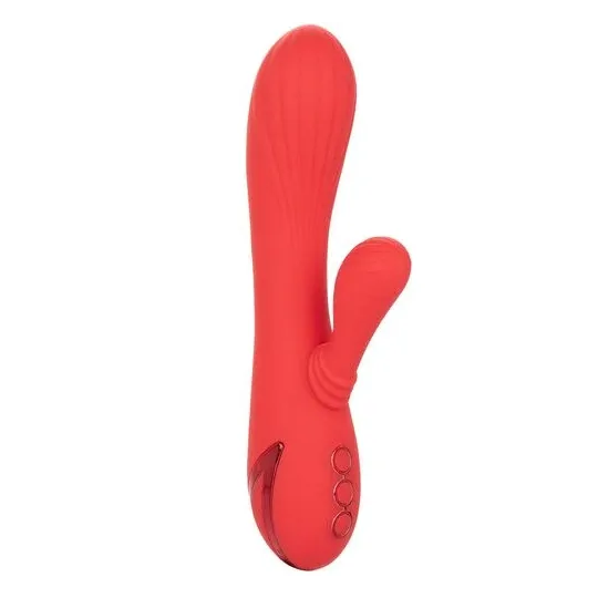 Vibrador conejo caliente Calexotics Palisades Passion Rouge vista frontal, eje perfilado de silicona roja." }, { "image": 2, "fr
