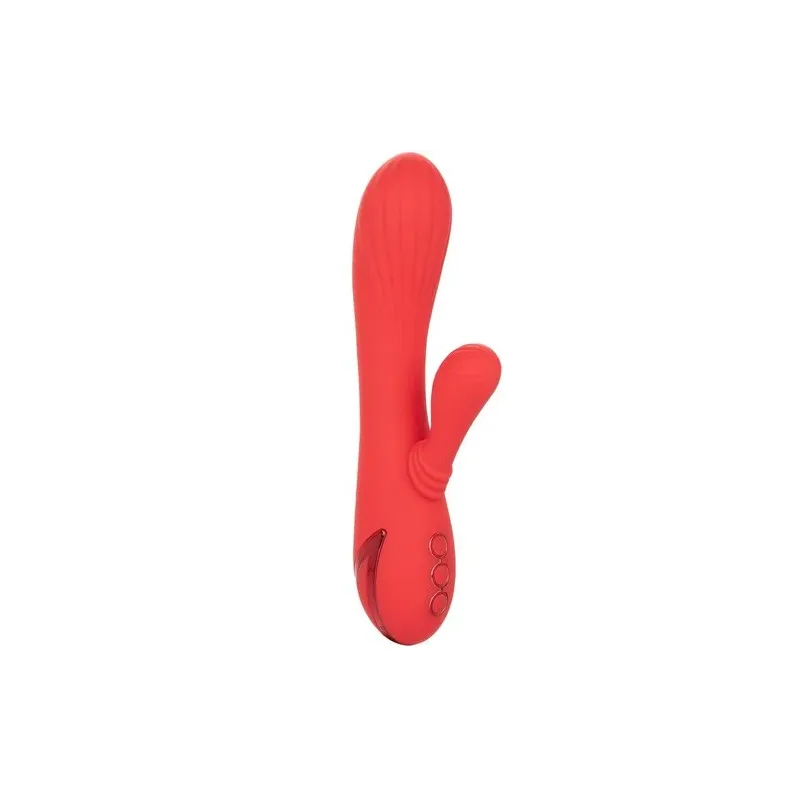 Vibrador conejo caliente Calexotics Palisades Passion Rouge vista frontal, eje perfilado de silicona roja." }, { "image": 2, "fr