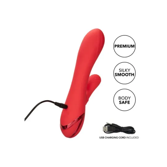 Vibrador conejo caliente Calexotics Palisades Passion Rouge vista frontal, eje perfilado de silicona roja." }, { "image": 2, "fr