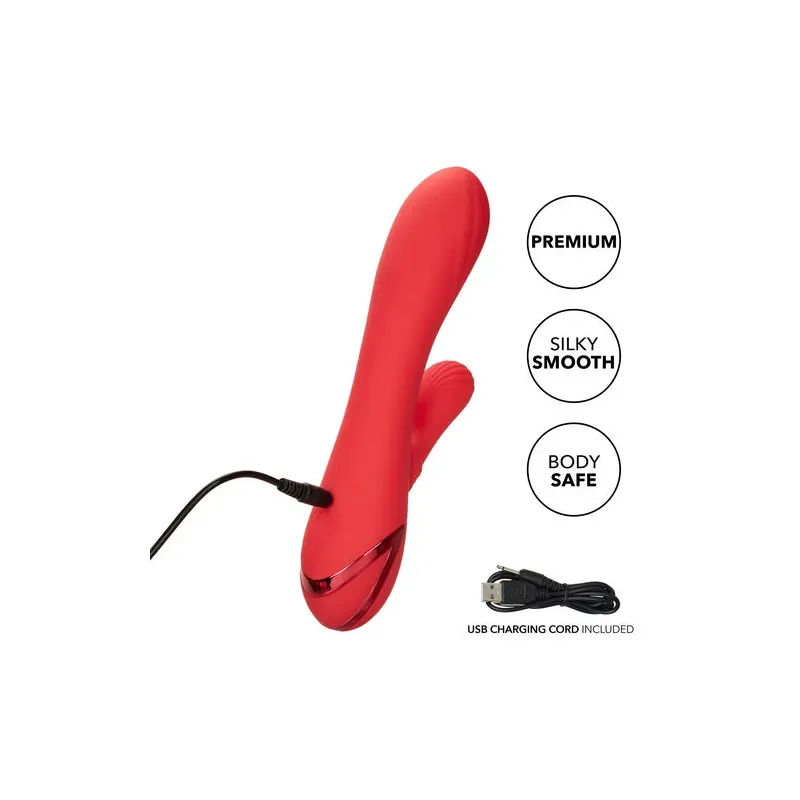 Vibrador conejo caliente Calexotics Palisades Passion Rouge vista frontal, eje perfilado de silicona roja." }, { "image": 2, "fr