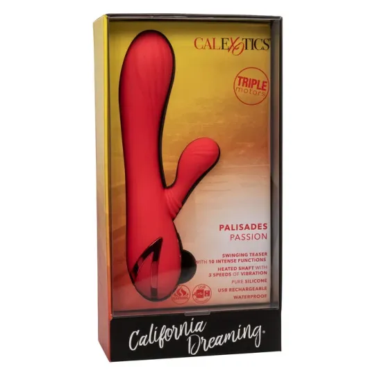 Vibrador conejo caliente Calexotics Palisades Passion Rouge vista frontal, eje perfilado de silicona roja." }, { "image": 2, "fr