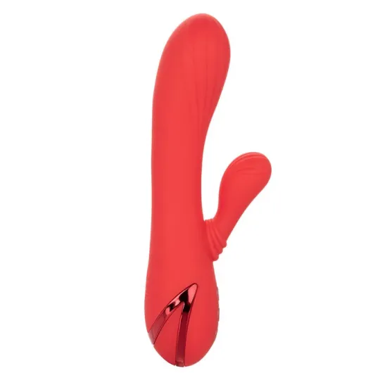 Vibrador conejo caliente Calexotics Palisades Passion Rouge vista frontal, eje perfilado de silicona roja." }, { "image": 2, "fr