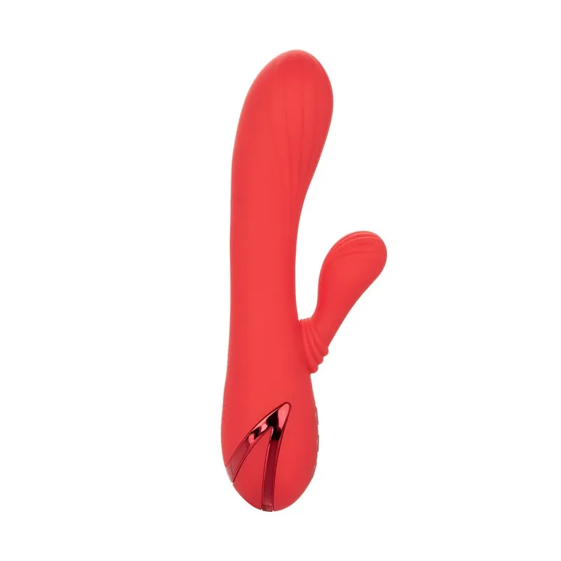 Vibrador conejo caliente Calexotics Palisades Passion Rouge vista frontal, eje perfilado de silicona roja." }, { "image": 2, "fr