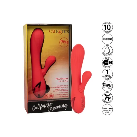 Vibrador conejo caliente Calexotics Palisades Passion Rouge vista frontal, eje perfilado de silicona roja." }, { "image": 2, "fr