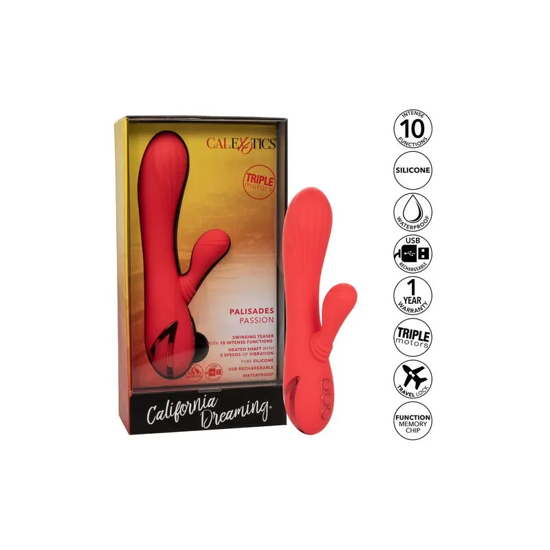 Vibrador conejo caliente Calexotics Palisades Passion Rouge vista frontal, eje perfilado de silicona roja." }, { "image": 2, "fr