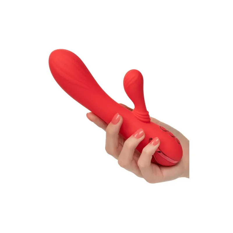 Vibrador conejo caliente Calexotics Palisades Passion Rouge vista frontal, eje perfilado de silicona roja." }, { "image": 2, "fr