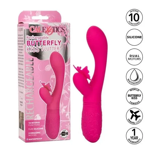 Masseur papillon rechargeable CalExotics Kiss Flutter rose silicone, vue de face ailes déployées